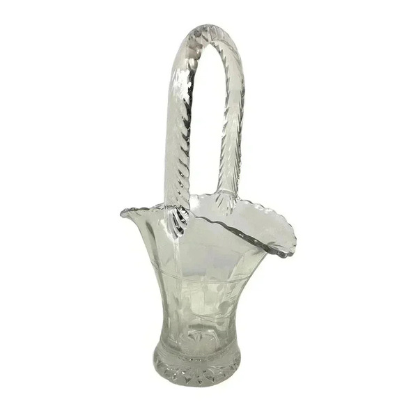 VTG Pressed Clear Etched Floral Glass Basket Vase 9.75" Tall MCM Home Decor - Picture 1 of 16